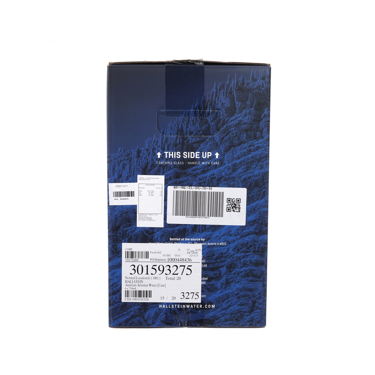 HALLSTEIN water case shipping box with barcode and handling label