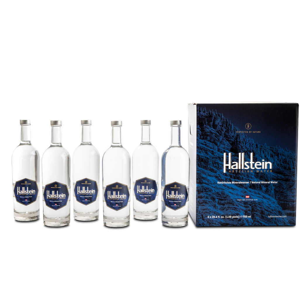 HALLSTEIN artesian mineral water case with six 750 mL bottles and box