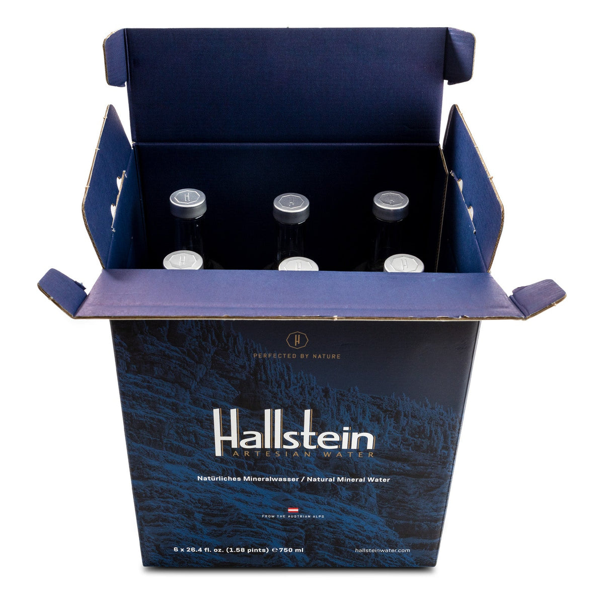 HALLSTEIN artesian mineral water carton open with six bottles inside
