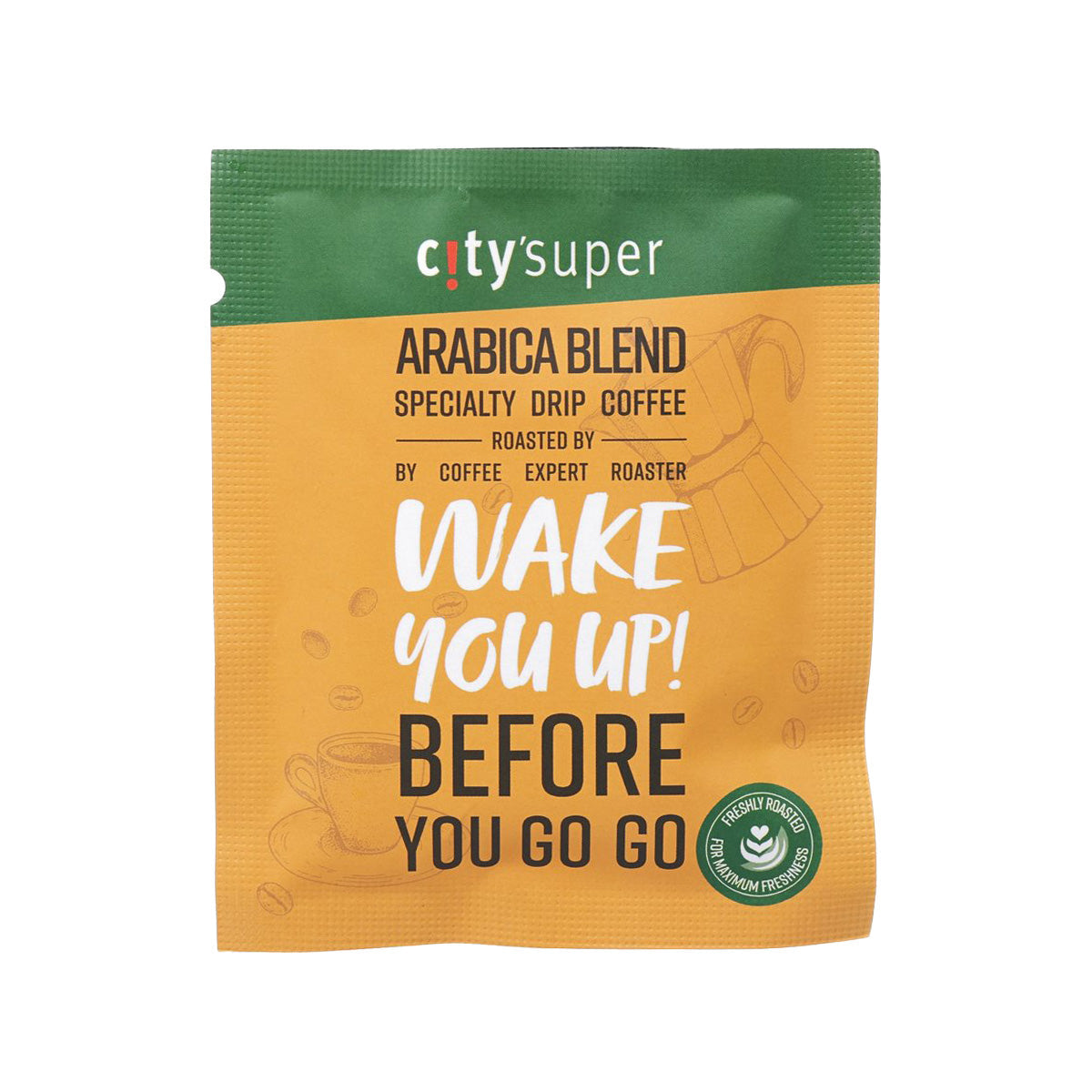 Arabica blend specialty drip coffee bag, green-and-orange front pouch