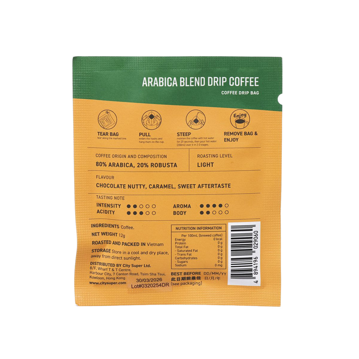 Arabica blend drip coffee bag, back panel with roast and flavor notes