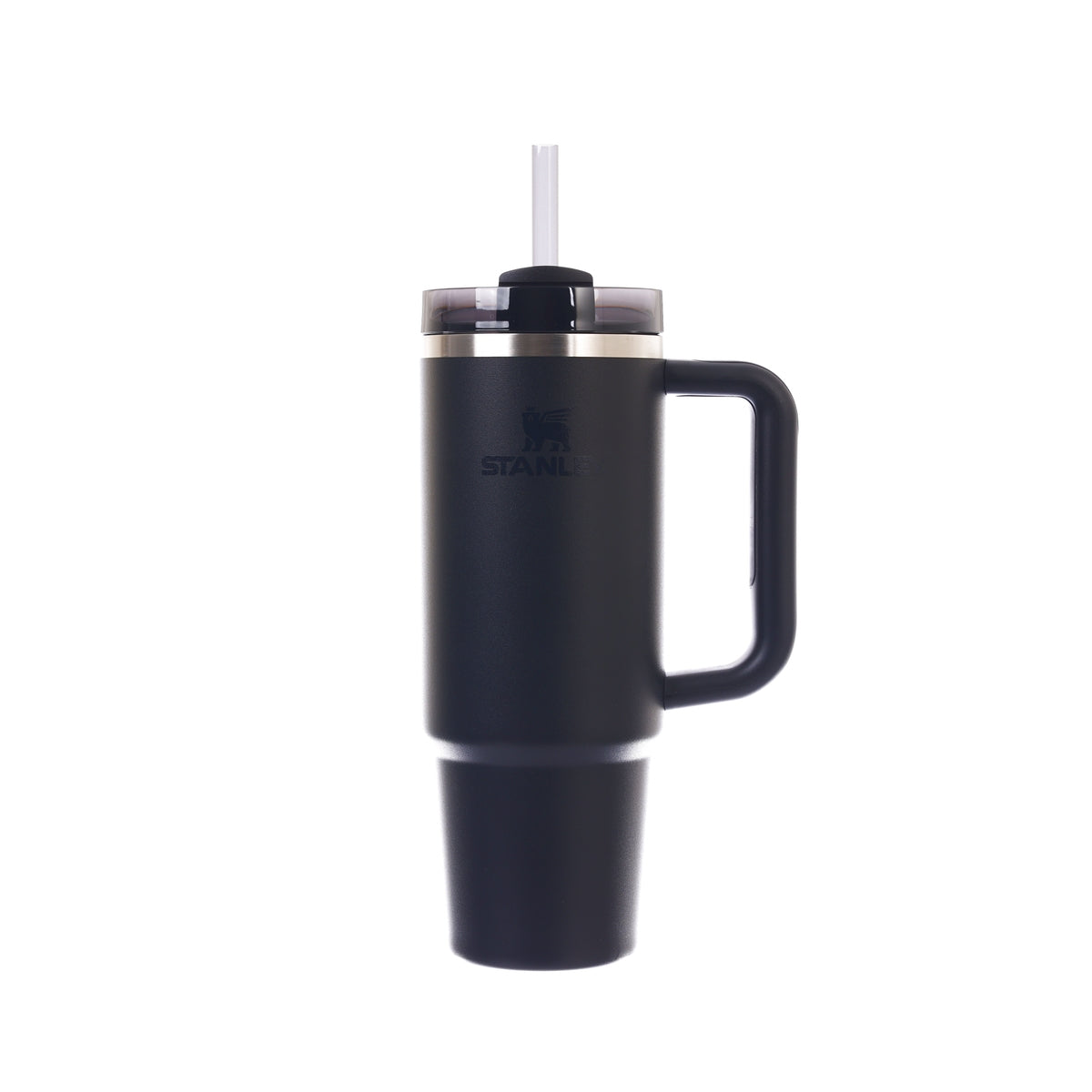Black insulated tumbler with handle and straw lid