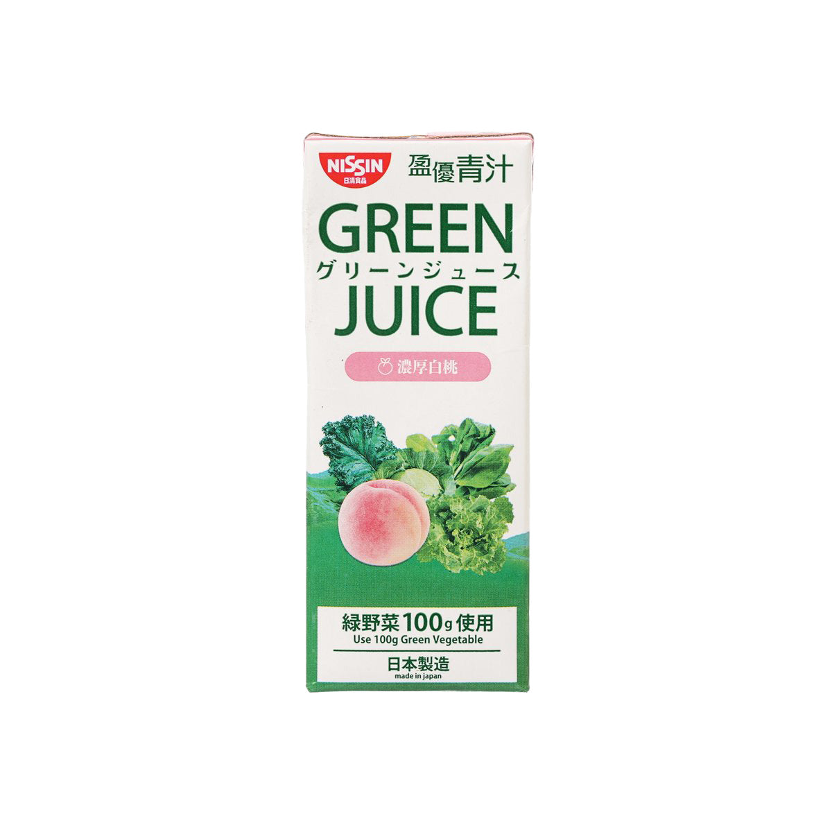 NISSIN Green Juice carton, front view with peach and leafy greens, 200 mL