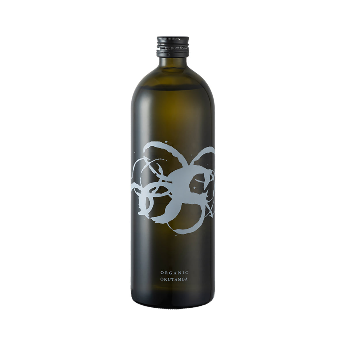 Amber glass sake bottle with black cap and white emblem label