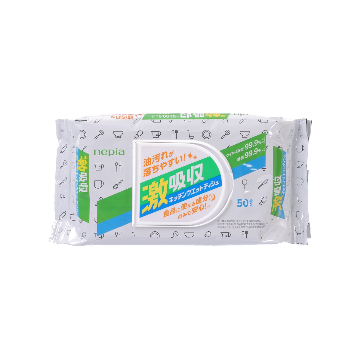 NEPIA kitchen disinfecting wet wipes pack, green and blue label, 50 wipes