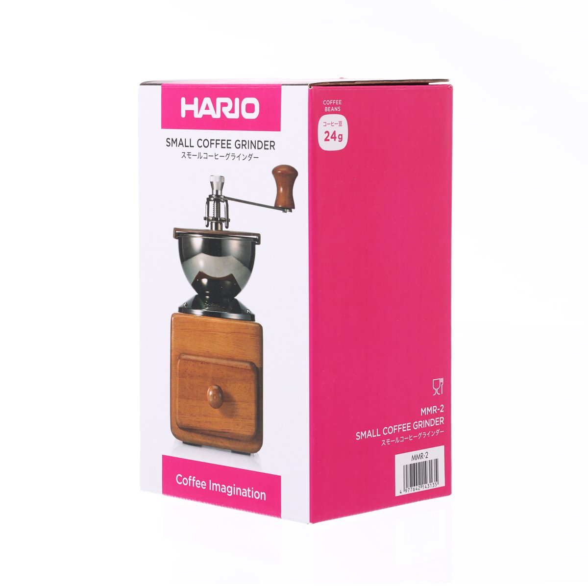 HARIO small coffee grinder retail box, side view with 24g label