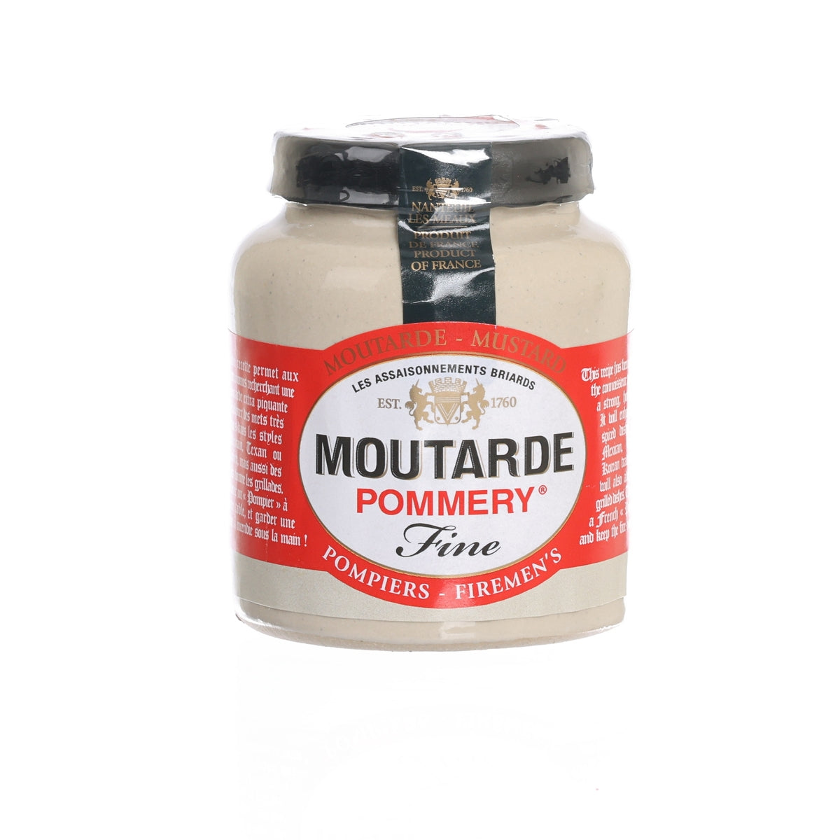 Mustard jar POMMERY Fireman's mustard, beige condiment in glass with black lid