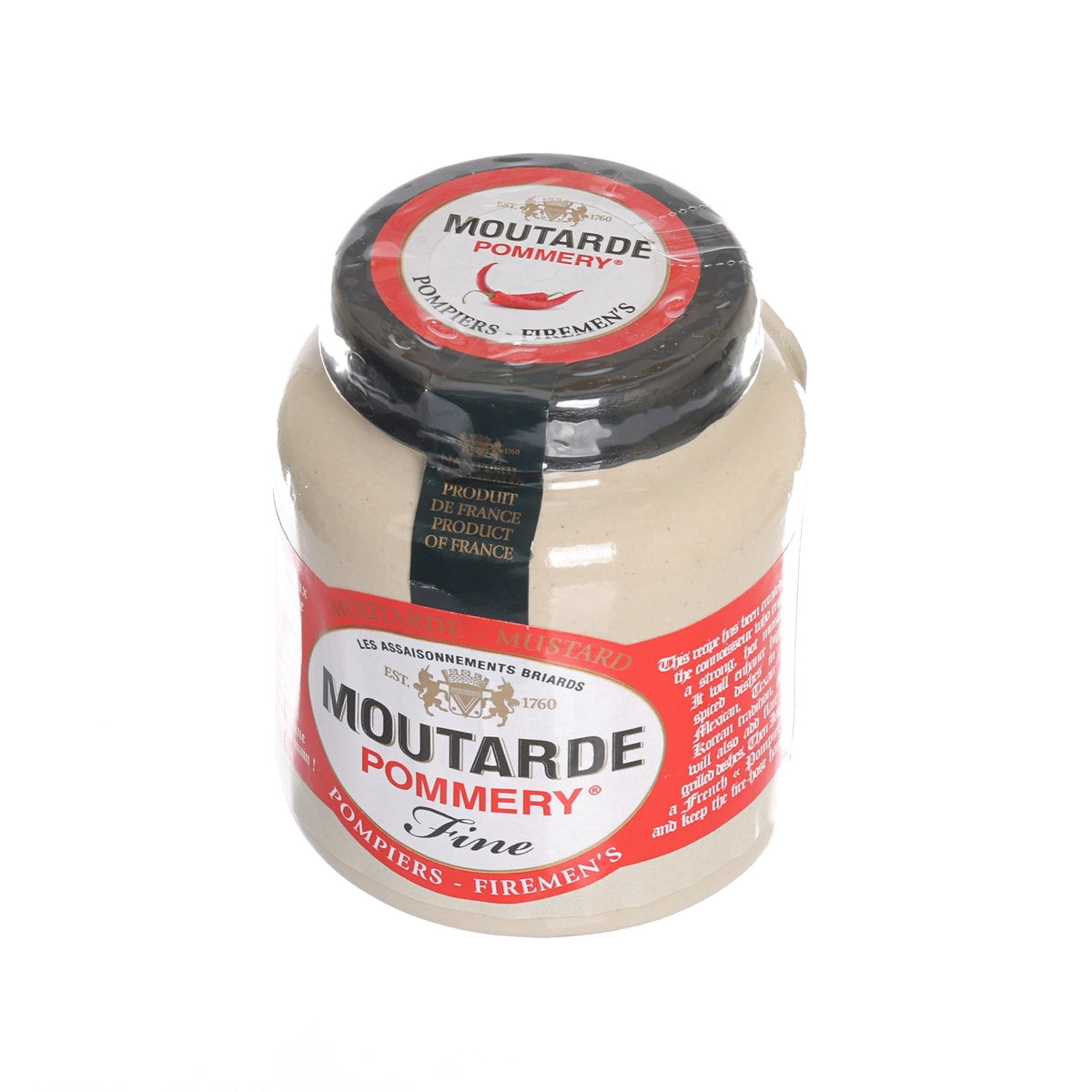 Mustard jar POMMERY Fireman's mustard, beige contents with front label and black lid