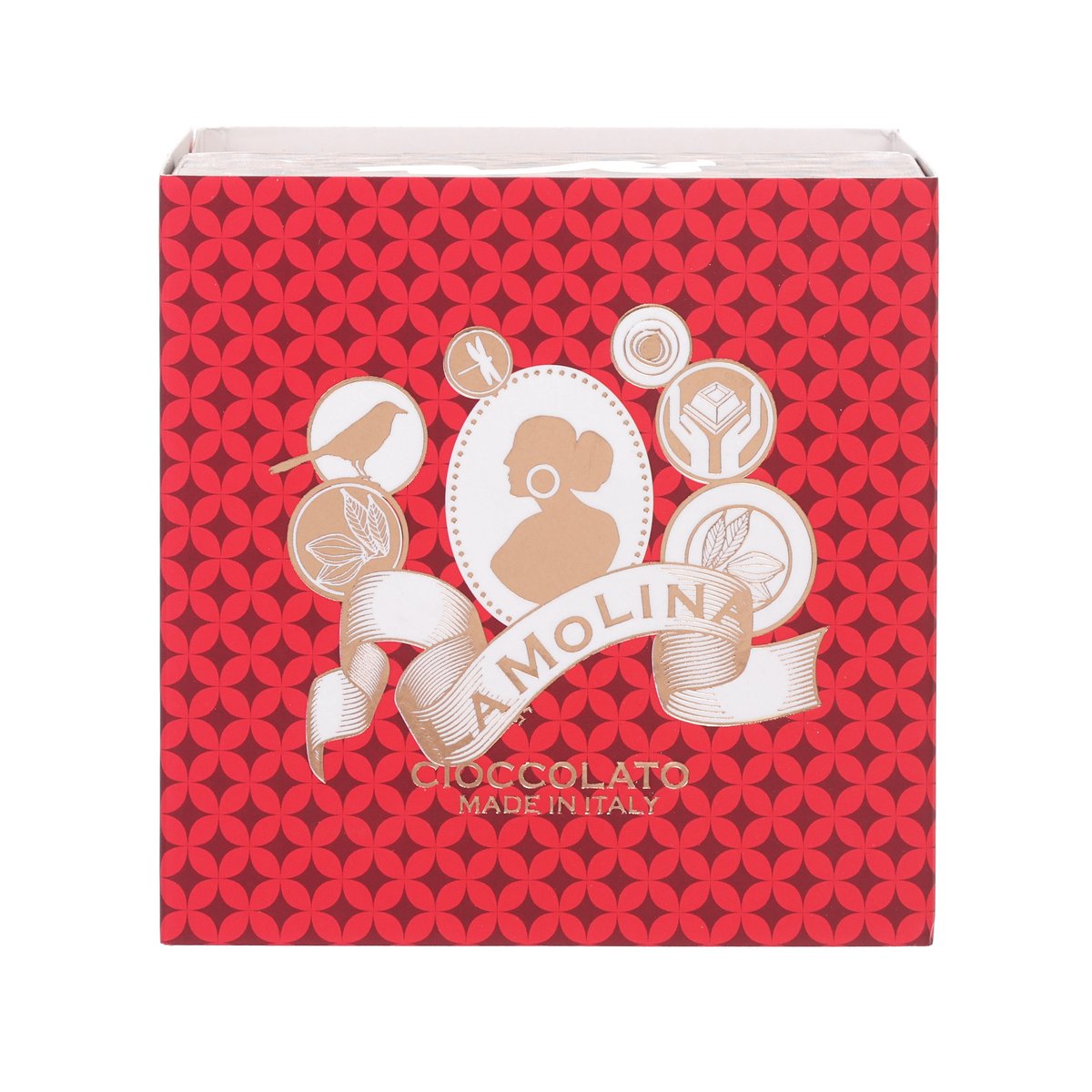 Milk chocolate hazelnuts box, red patterned front with brand medallion