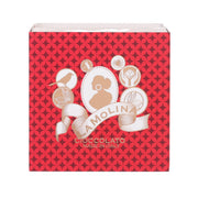 Milk chocolate hazelnuts box, red patterned front with brand medallion