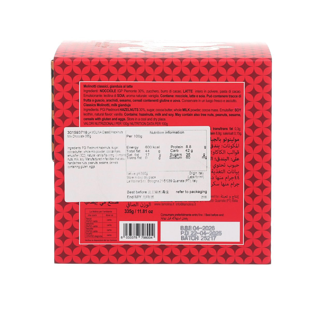 Milk chocolate hazelnuts box back, nutrition and ingredients label on red pattern