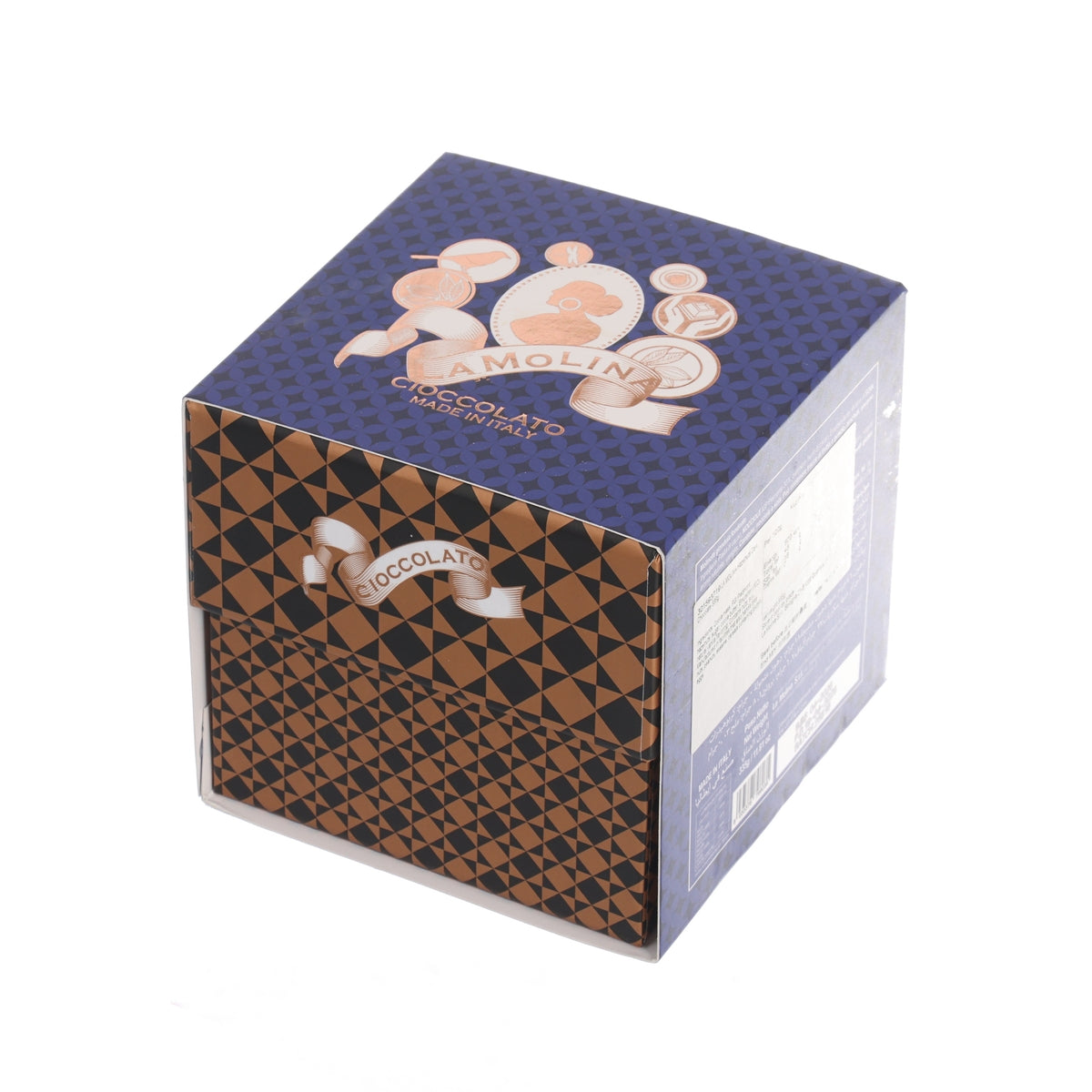 LA MOLINA dark hazelnut chocolate box top, blue pattern with Molinetti logo