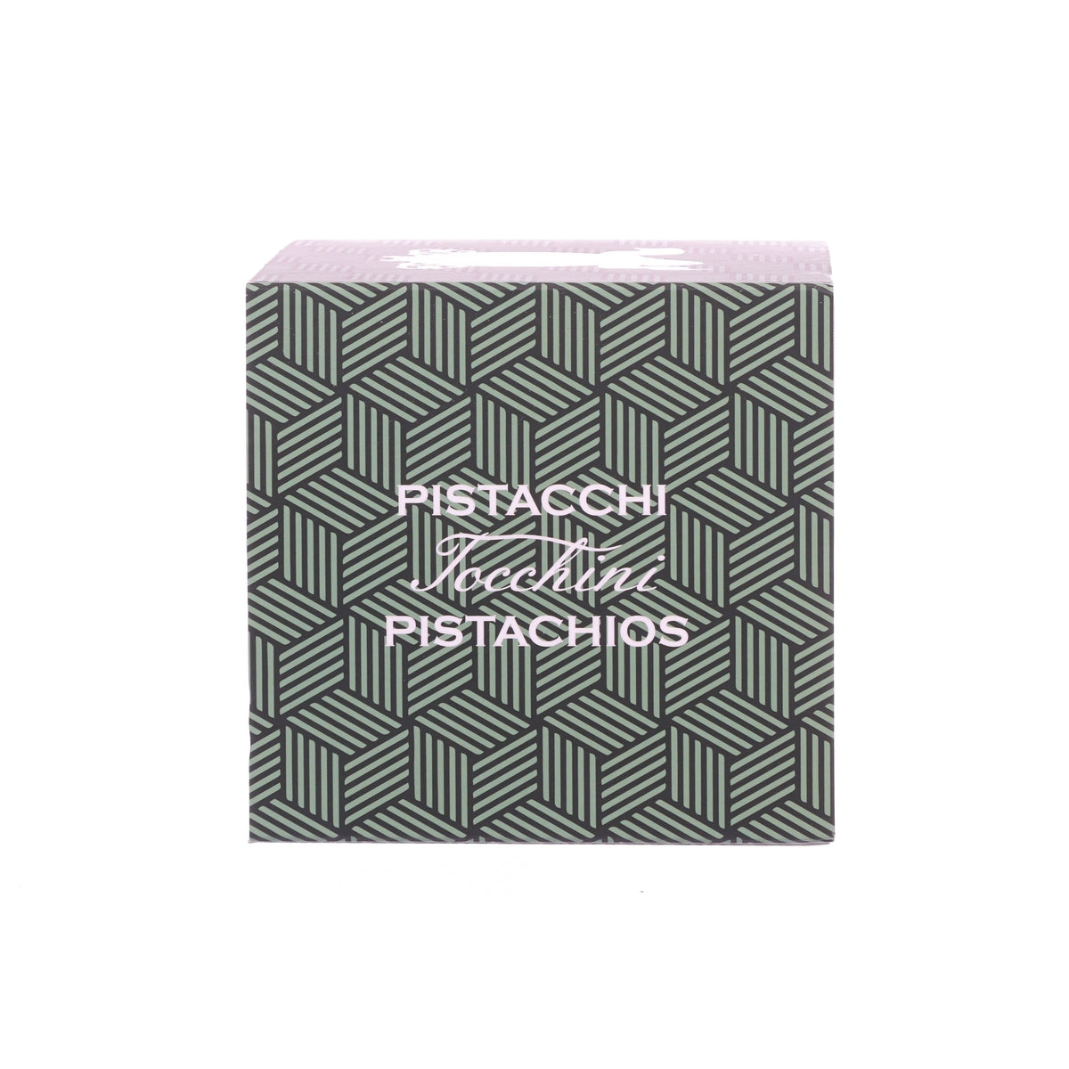 Salted pistachios with white chocolate box, green geometric pattern and pistachio logo