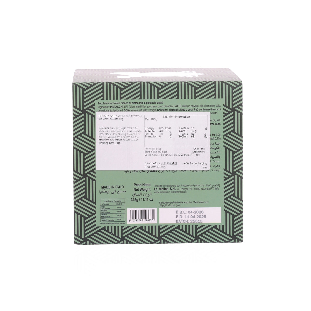 Salted pistachios with white chocolate box, back label with ingredients and net weight 315g