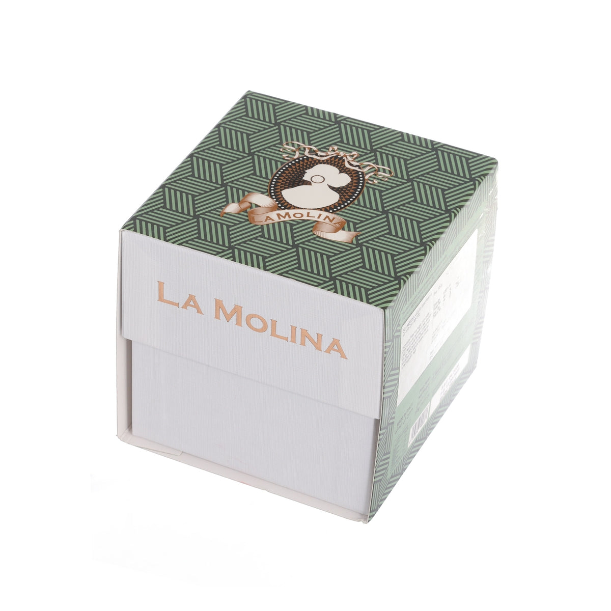 Salted pistachios with white chocolate box, green top with animal logo and LA MOLINA name