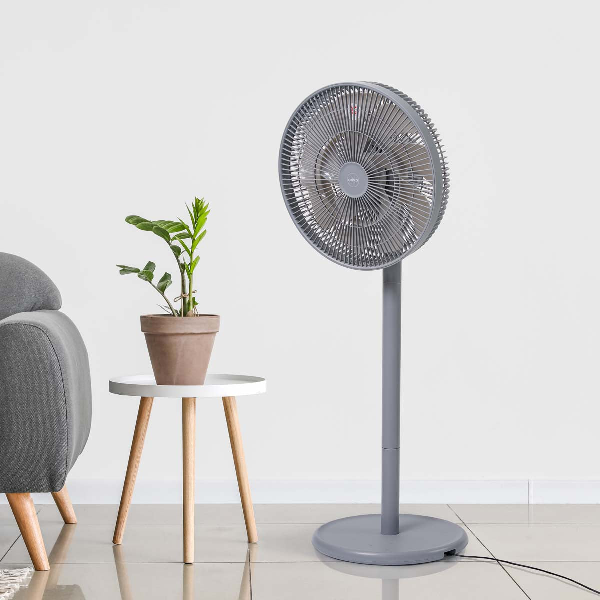 12-inch DC desk/stand fan with circular grille and gray stand base