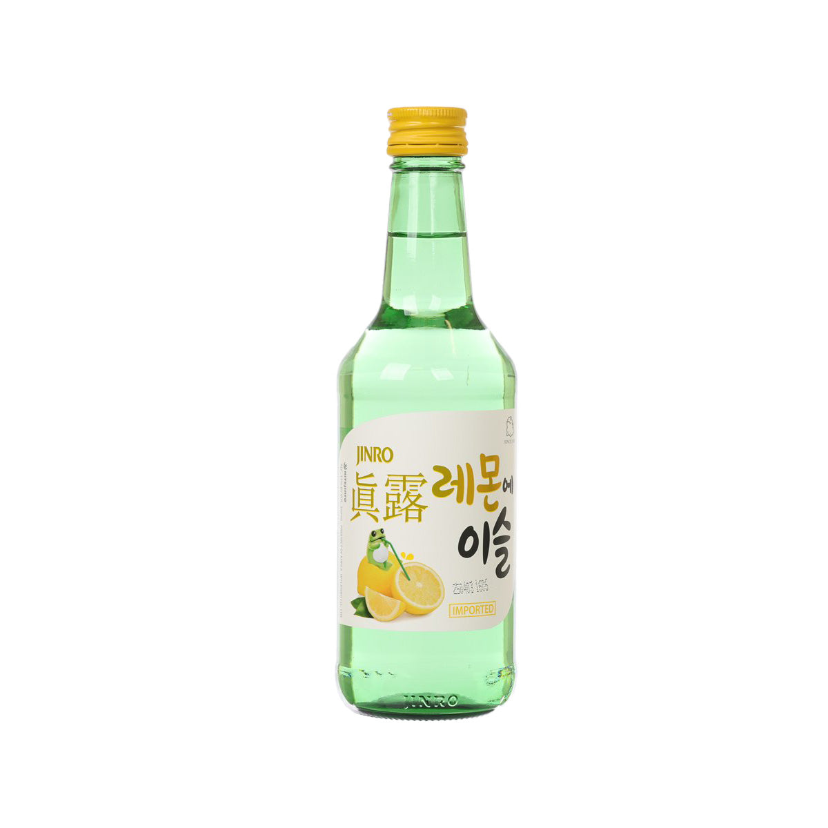 JINRO Lemon soju bottle, 360 mL, green glass with yellow cap and lemon label