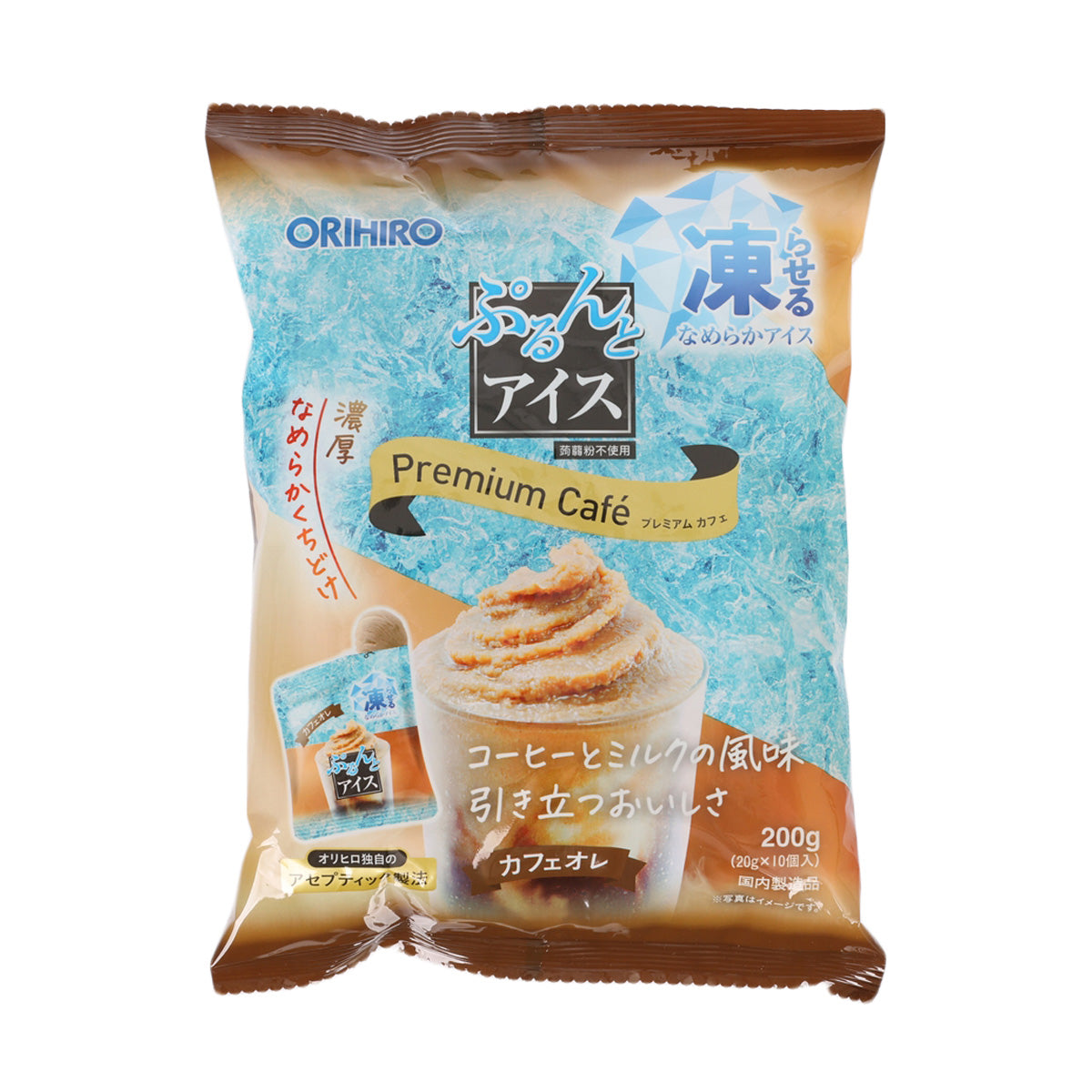 ORIHIRO cafe au latte freezing sherbet pouch, front label with ice dessert flavor