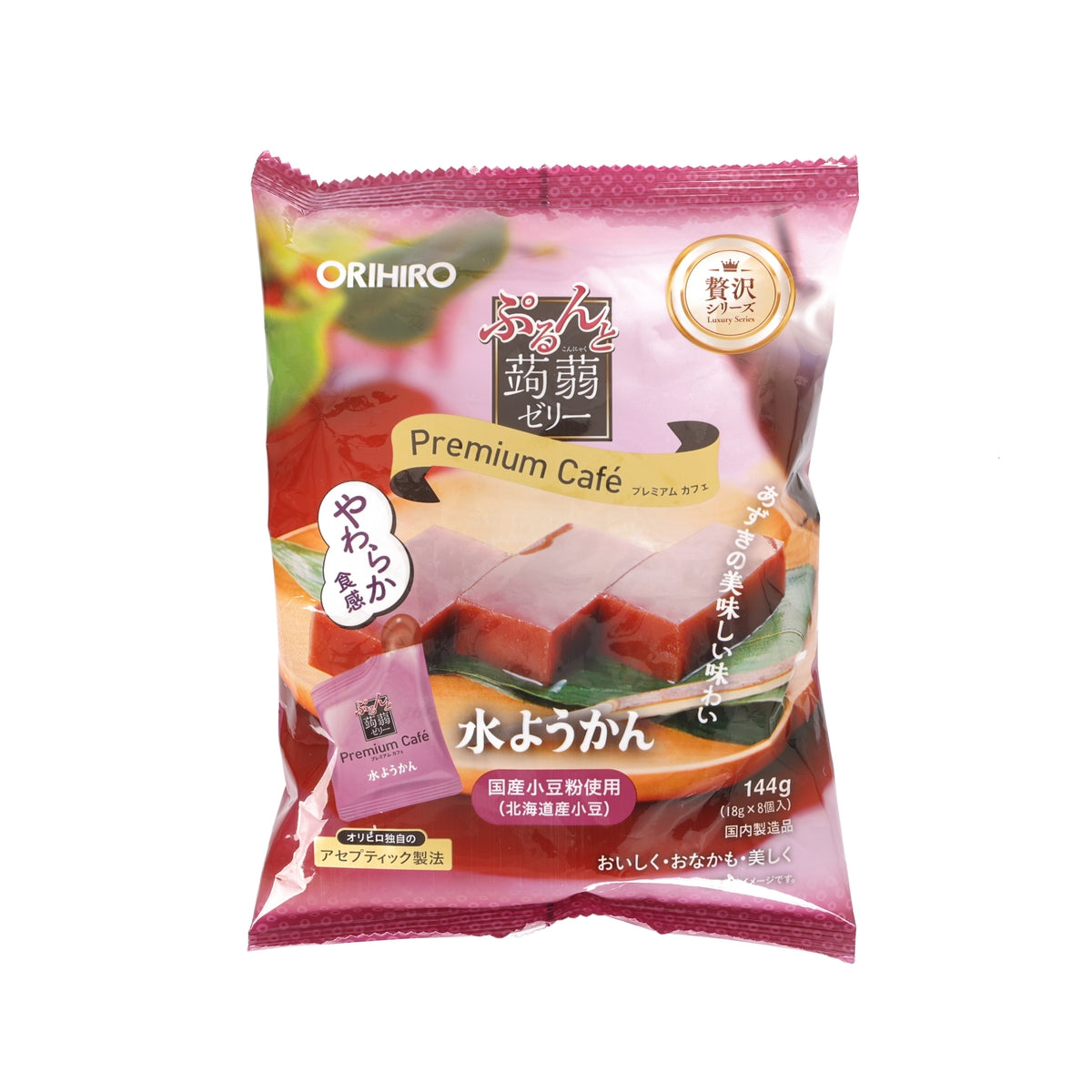 Premium Cafe mizu yokan konnyaku jelly pouch, pink red front pack, 8 x 18g