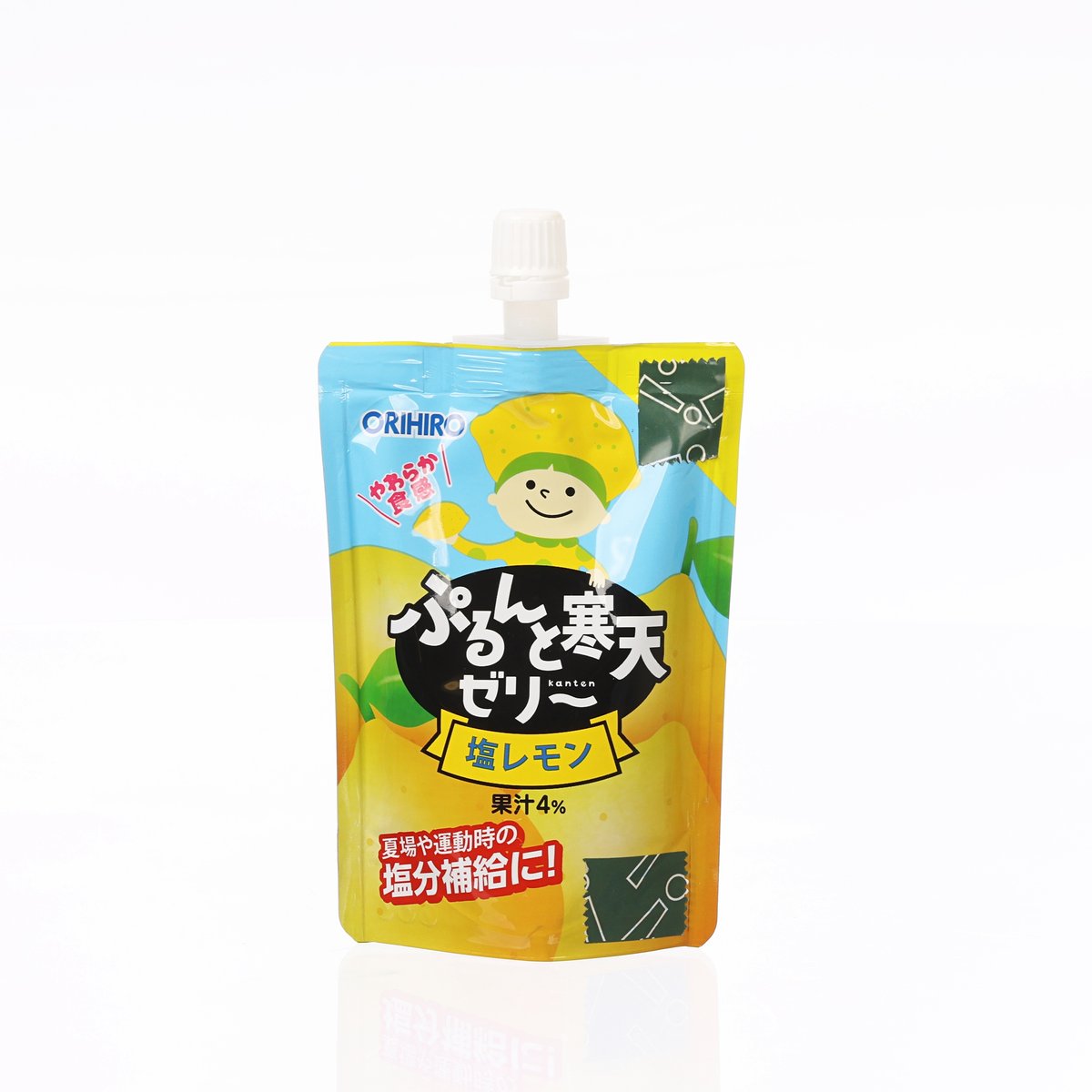 ORIHIRO salty lemon agar jelly drink pouch, front label with child mascot