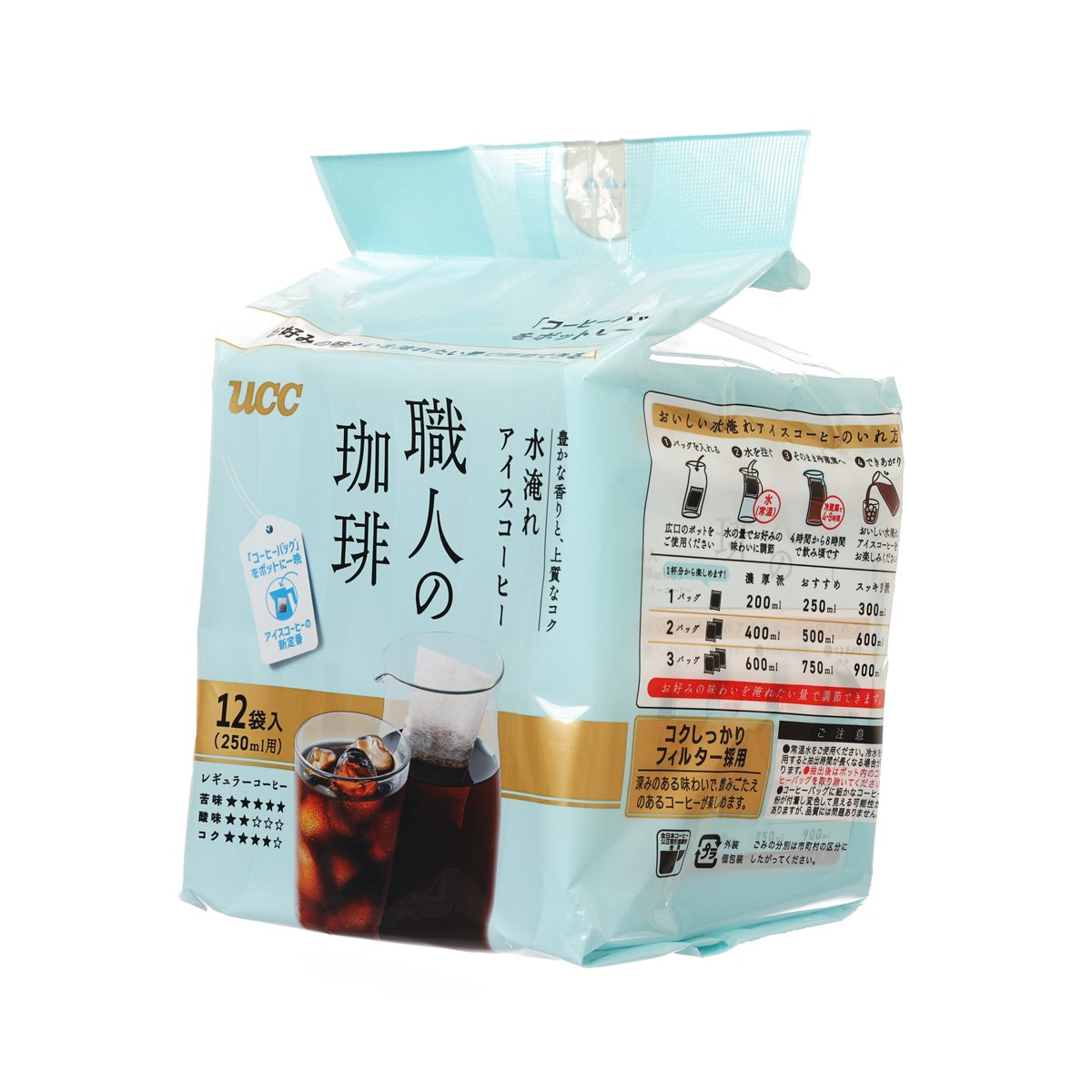 UCC cold brew coffee bag front pouch in light blue, 12 sachets, cup and brewing info