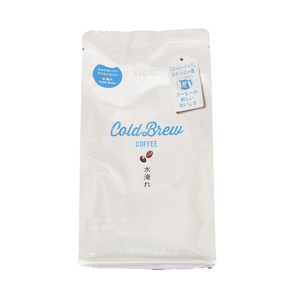 UCC cold brew coffee bag, white pouch with Cold Brew Coffee blue logo