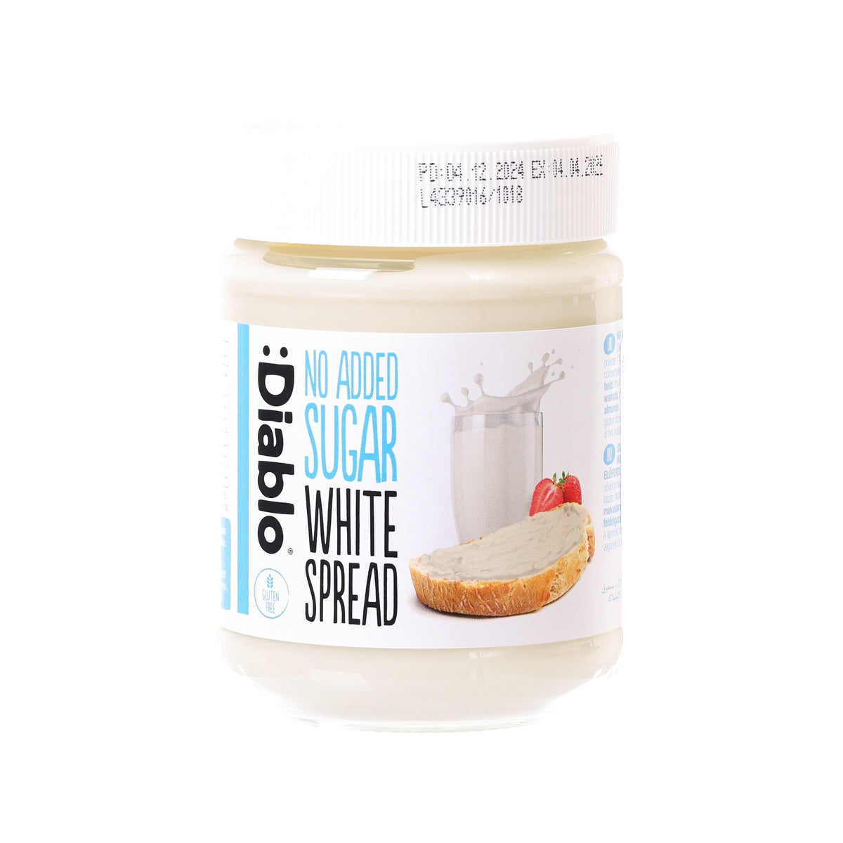 Jar of no added sugar white chocolate spread, front label with strawberry slice