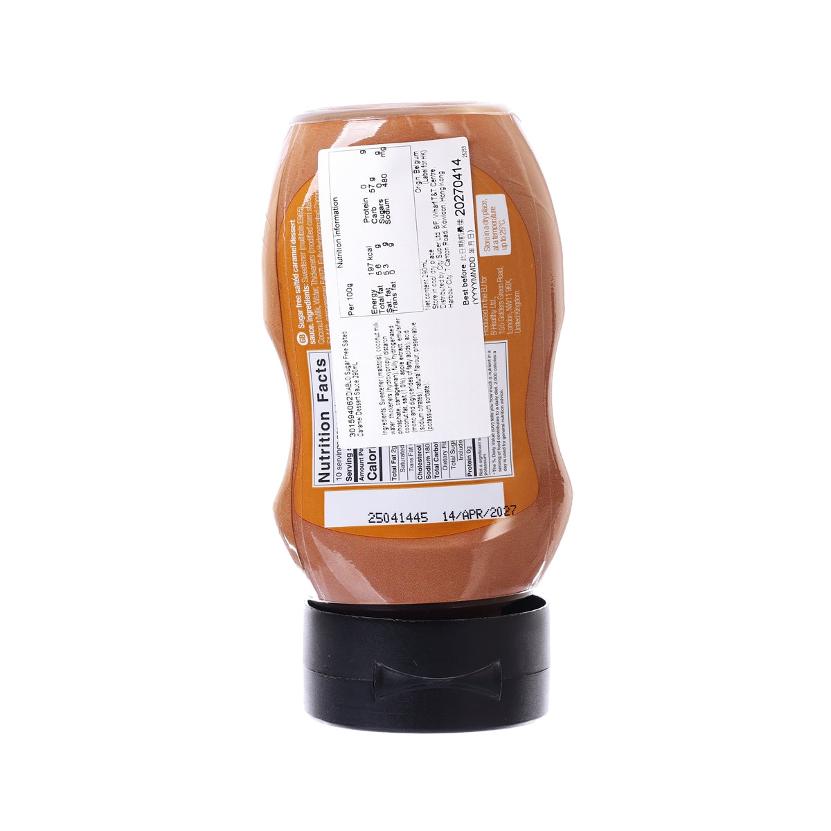 DIABLO sugar-free salted caramel dessert sauce bottle, back nutrition label