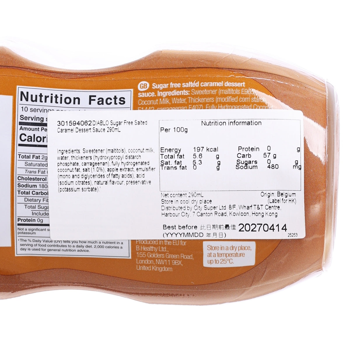DIABLO sugar-free salted caramel dessert sauce bottle, nutrition facts panel