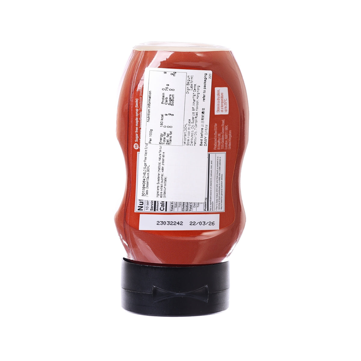 DIABLO sugar-free maple syrup dessert sauce bottle, rear barcode label