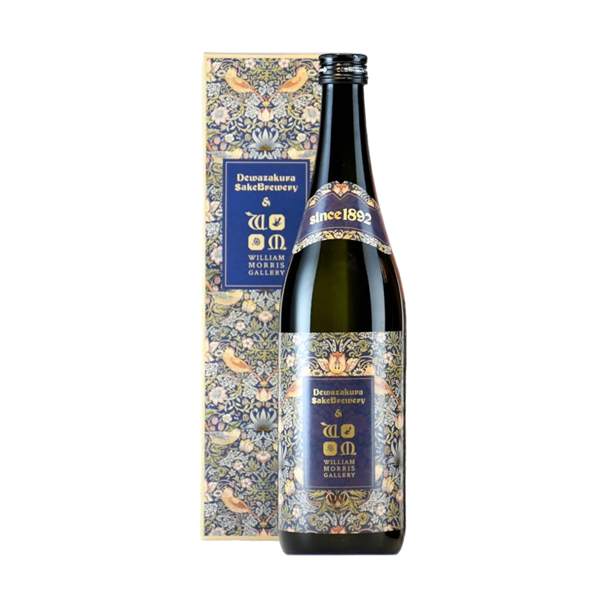 DEWAZAKURA William Morris Junmai Daiginjo sake bottle with ornate blue label
