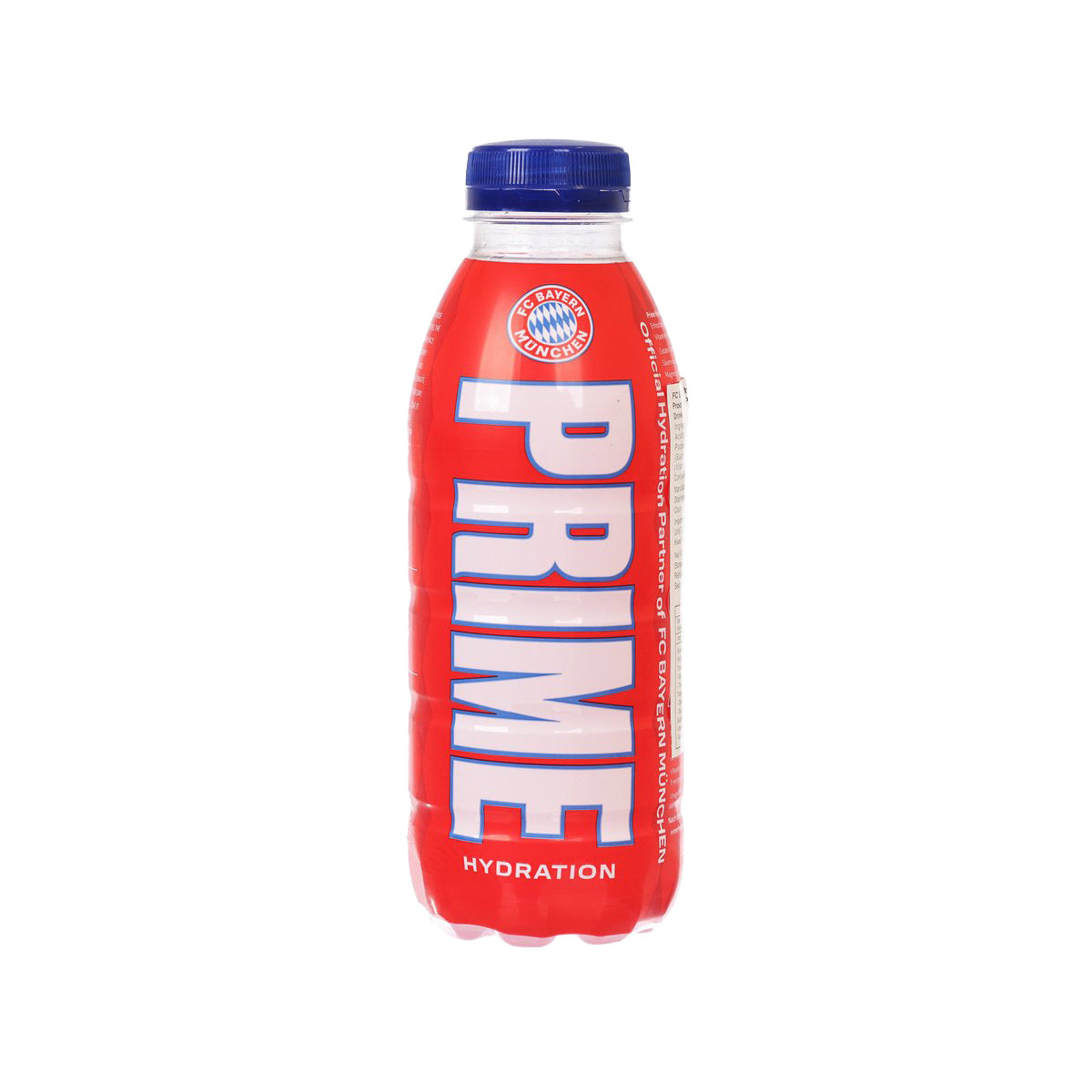 Red PET hydration drink bottle with blue cap, front label and Bayern crest