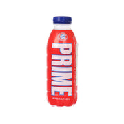 Red PET hydration drink bottle with blue cap, front label and Bayern crest