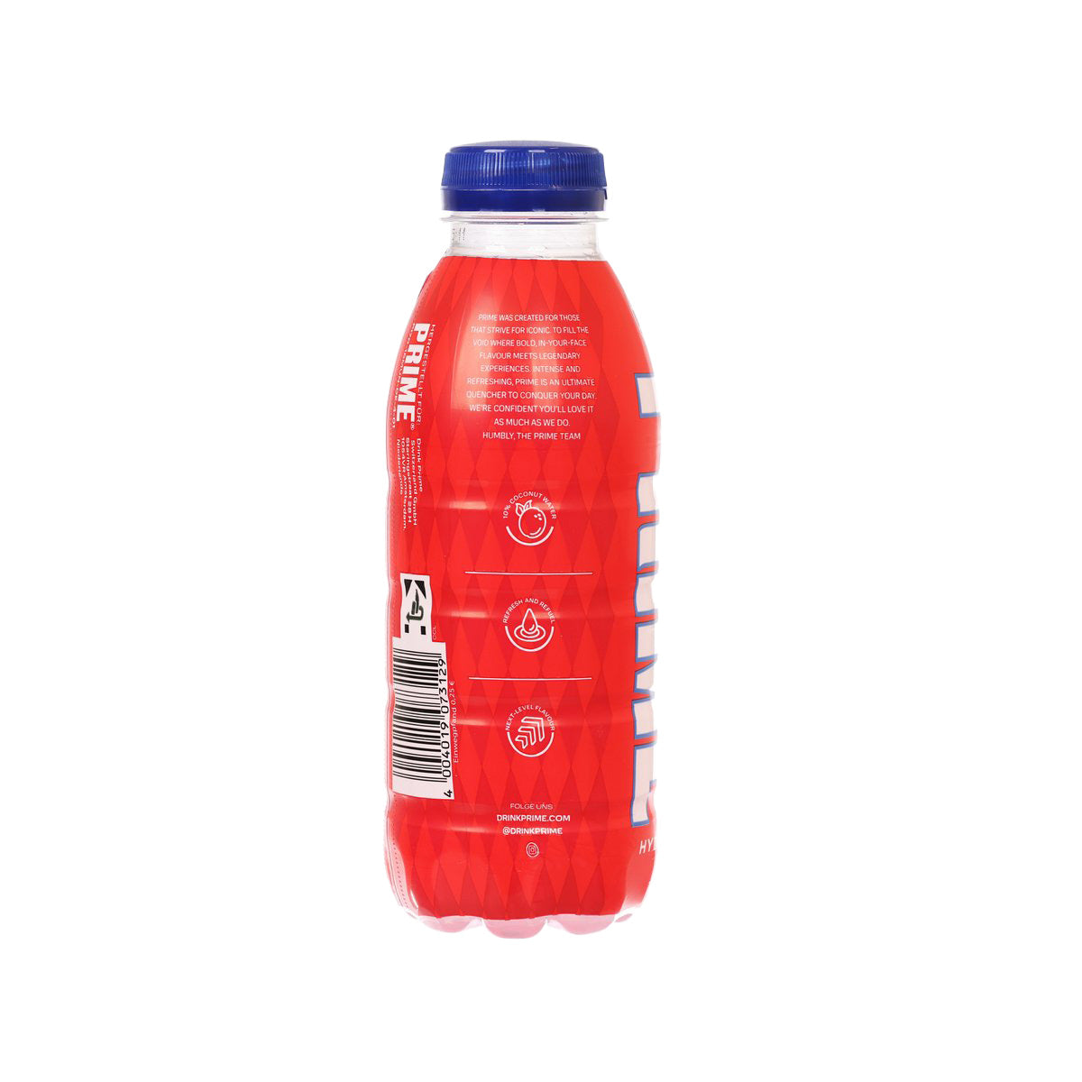 Red PET hydration drink bottle, side label with barcode and blue screw cap