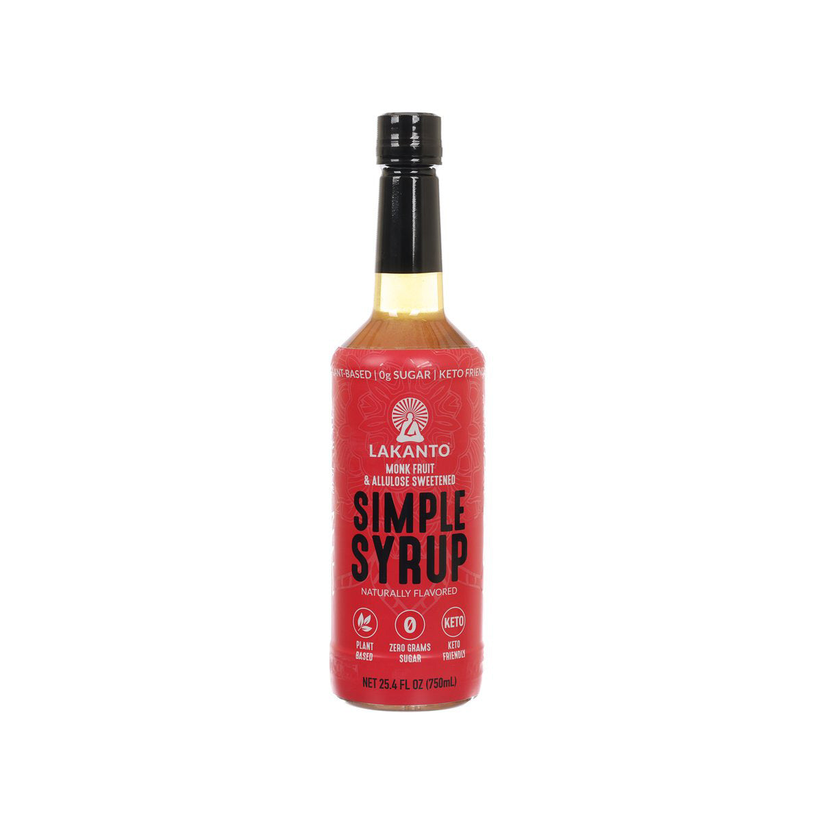 LAKANTO simple syrup bottle with black cap, red label, golden liquid, 750 mL