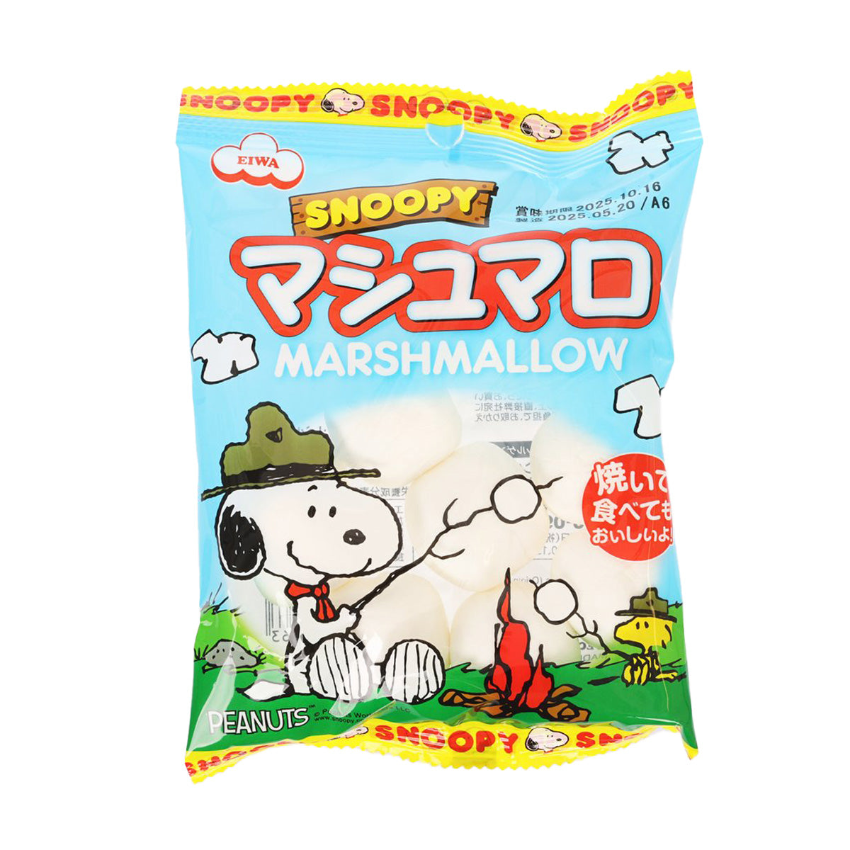 Snoopy marshmallow snack bag, blue package with cartoon character and EIWA branding