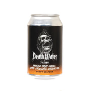 DEATH WATER craft seltzer can, black with skull graphic and 7% ABV text