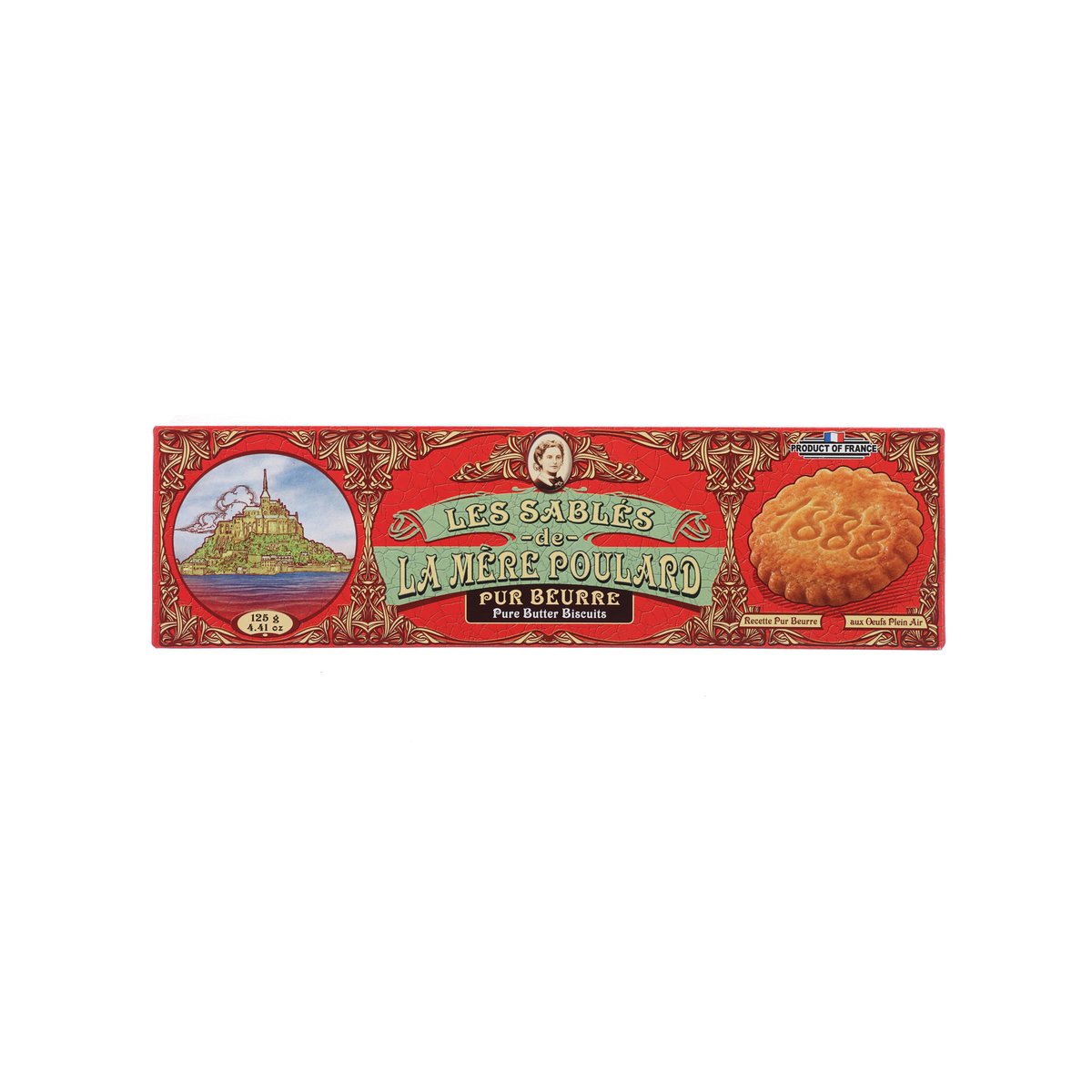 LAMEREPOULARD pure butter biscuits box, red front with cookie illustration