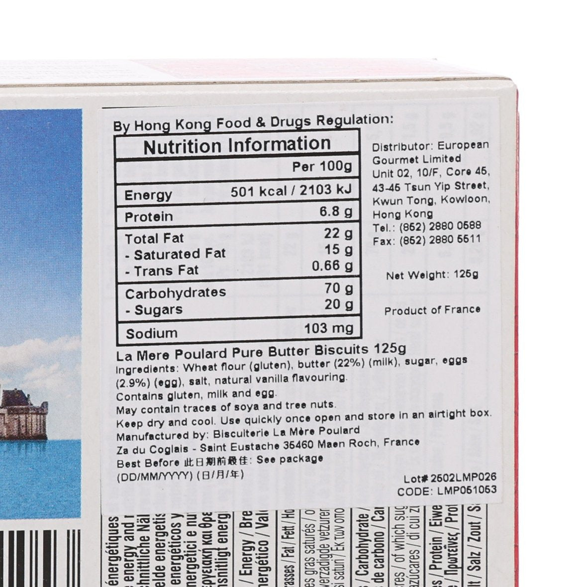 LAMEREPOULARD pure butter biscuits nutrition facts panel, per 100 g