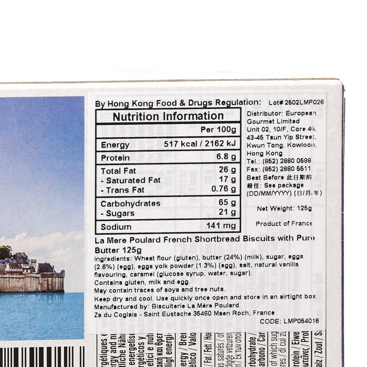 Nutrition information panel for LAMEREPOULARD French butter shortbread biscuits