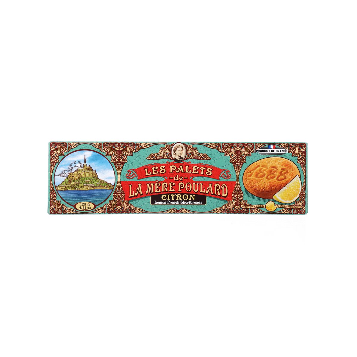 French lemon shortbread biscuits carton, LAMEREPOULARD front label with lemon artwork.