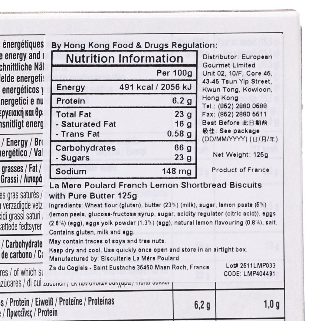 Nutrition facts panel for French lemon shortbread biscuits, per 100 g and net weight 125 g.