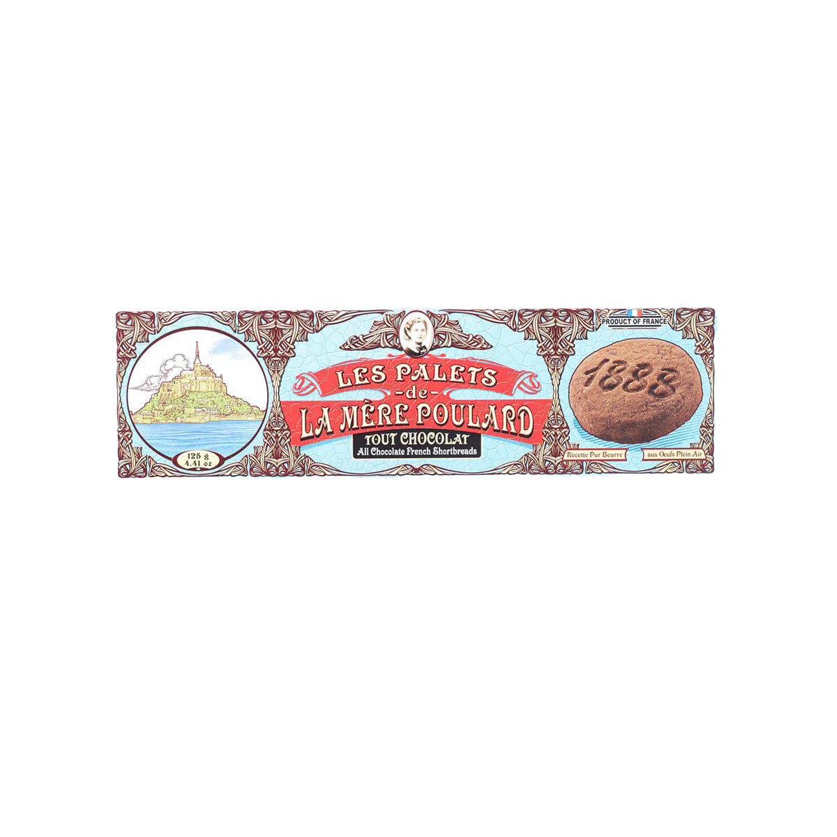 French chocolate shortbread biscuits package with illustrated front label