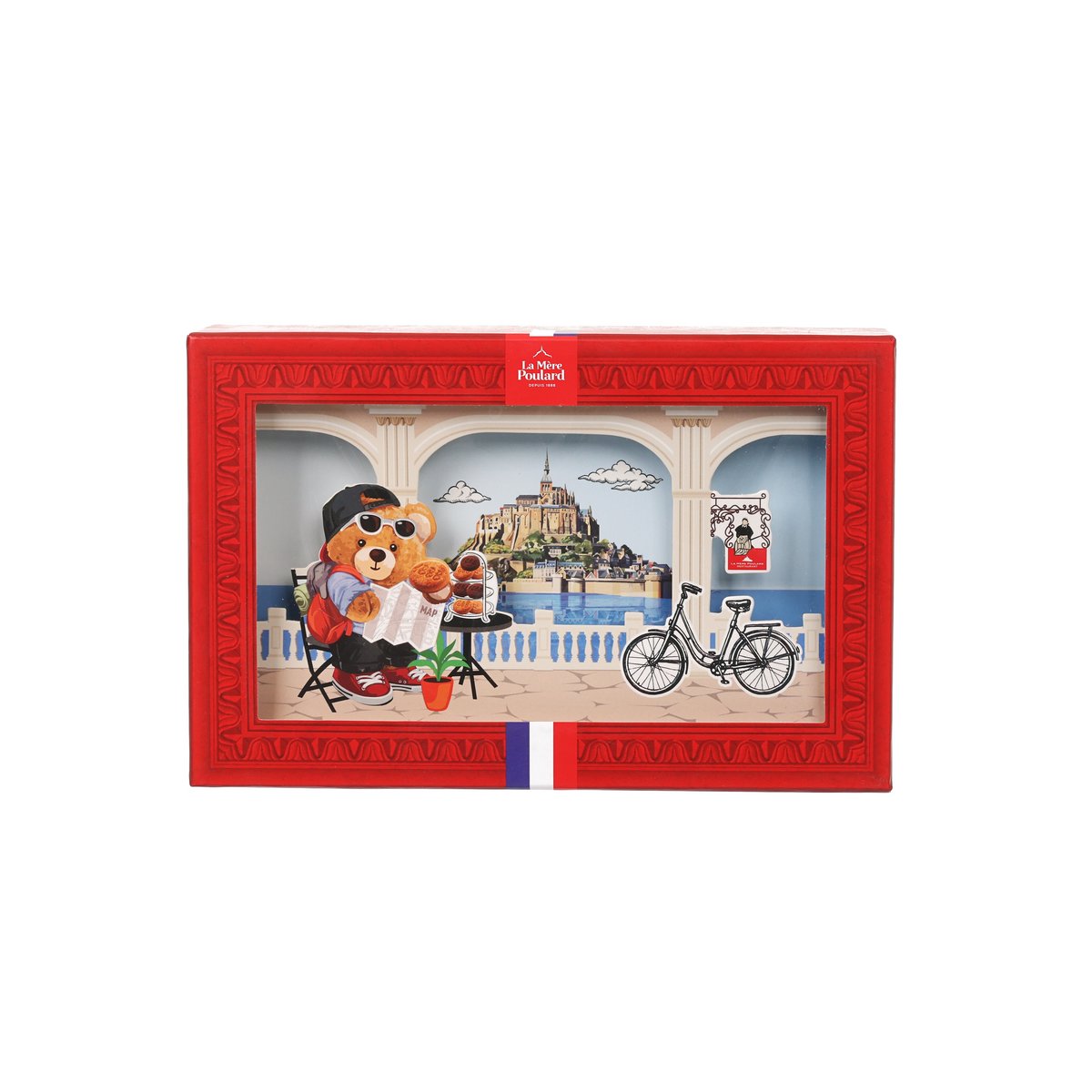 Red LAMEREPOULARD bear travel biscuits gift box with rider bicycle illustration