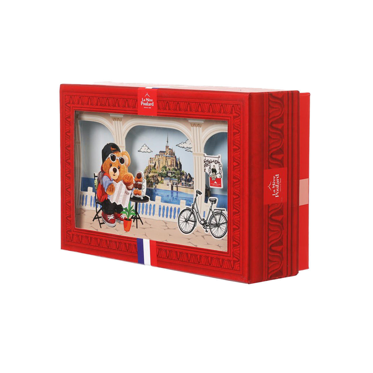 Red LAMEREPOULARD bear travel biscuits gift box with side panel bear and bicycle