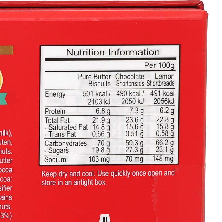 LAMEREPOULARD biscuits nutrition information panel close-up on red gift box