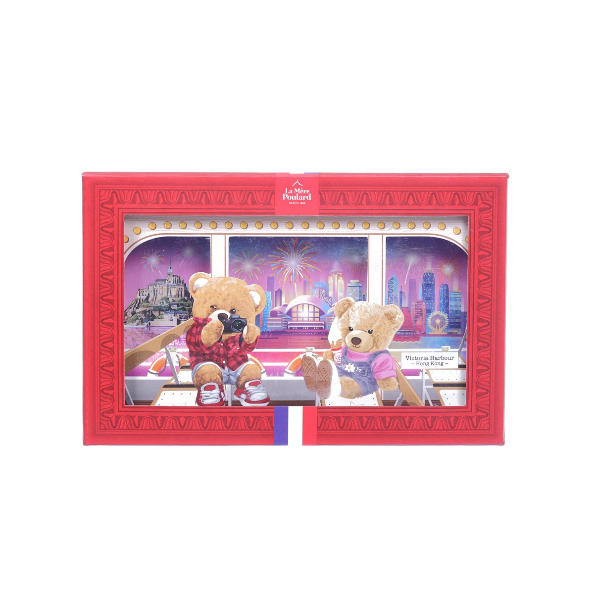 Red Hong Kong travel biscuit gift box with bear characters in window graphic