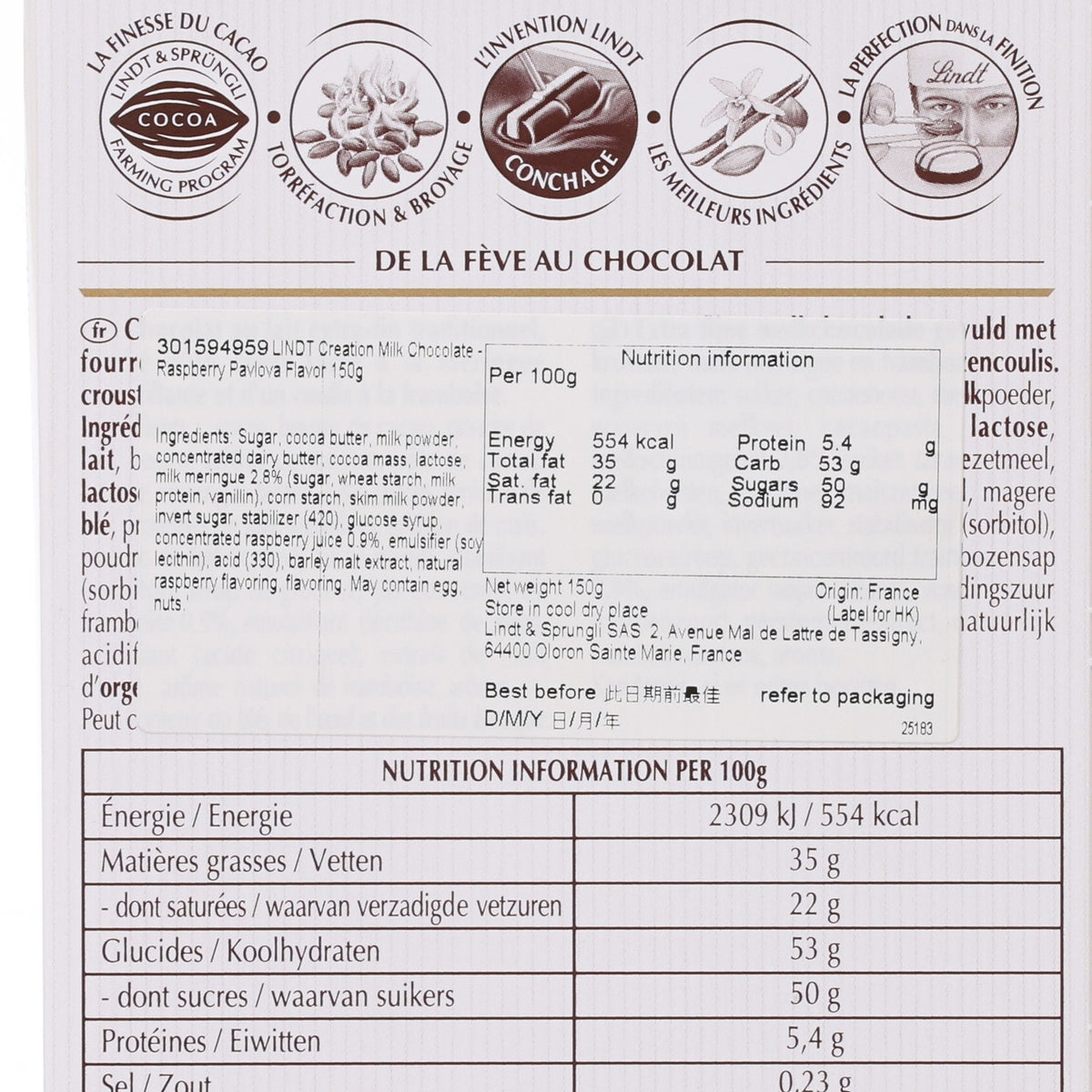 LINDT Creation nutrition information close-up on milk chocolate, per 100g table