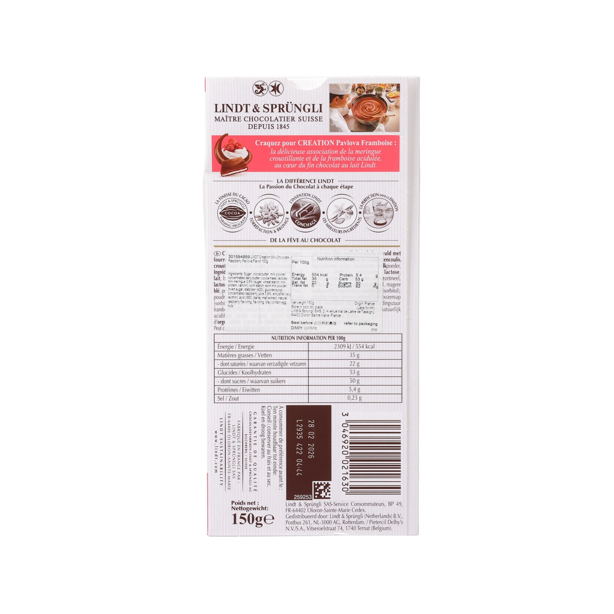 LINDT Creation milk chocolate pack back with ingredients and nutrition panel, 150g