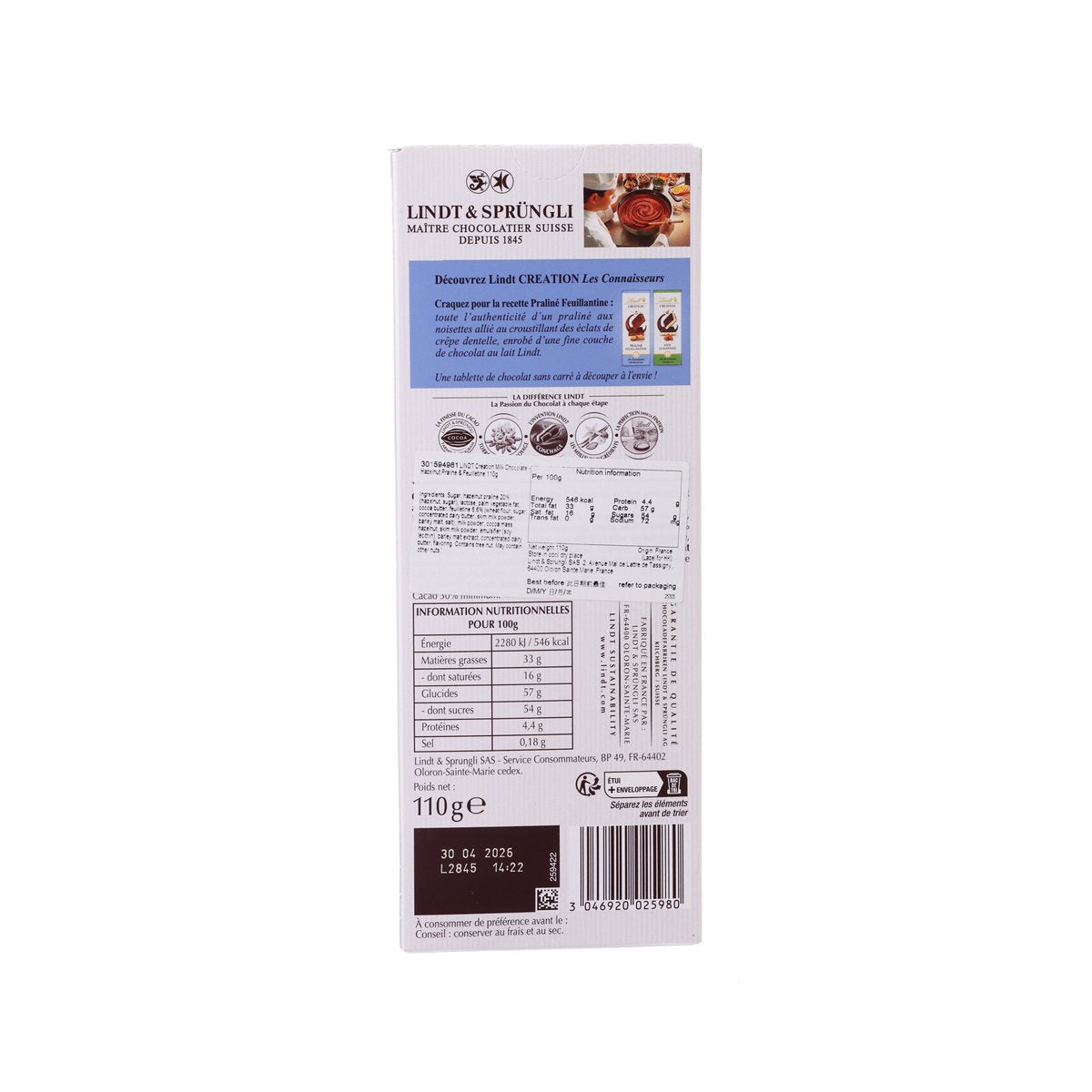LINDT Creation chocolate 110g back panel with nutrition and ingredients details